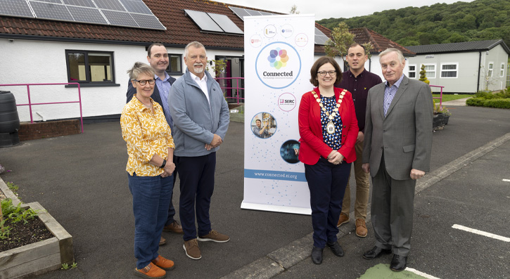 SERC representatives and guests including the Mayor of Ards and North Down, Councillor Jennifer Gilmour, gather outside the retrofitted pavilion at SERC Holywood Campus